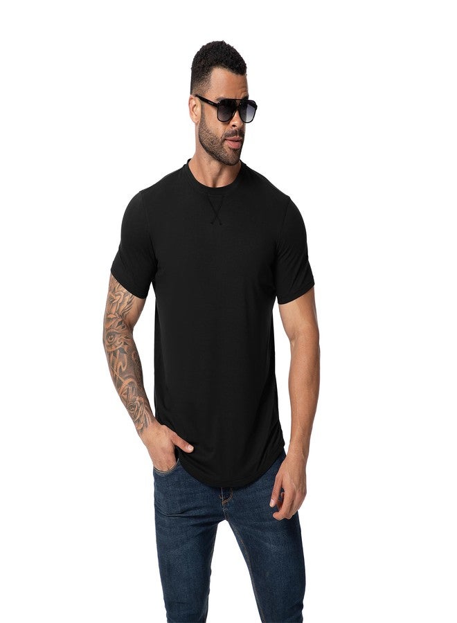 TEZO Mens 3 Pack Plain Cotton Shirts Short Sleeve Casual Crew Neck T-Shirts Hipster Hip Hop Longline Tees Shirts Drop Cut Curved Hem Shirt (BKBKBK M) Black/Black/Black - Image 3